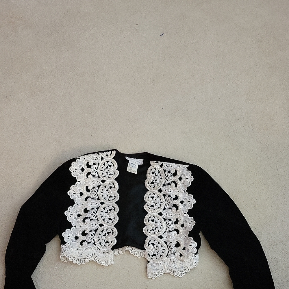 Jessica McClintock Black Jacket with White Lace Accents